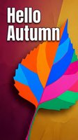 Hello Autumn greeting with colorful layered leaf design in vibrant orange, blue, pink, and green against warm burgundy and gold background. Seasonal marketing.