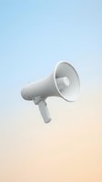 White megaphone loudspeaker floating against soft gradient sky background for communication and announcement concepts.