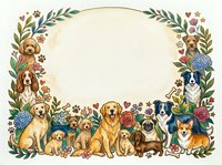 Watercolor floral frame with cute dogs and puppies of various breeds, colorful flowers and leaves, blank oval space for text or greeting card design.
