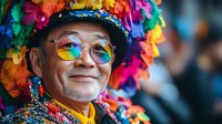 Joyful senior Asian man wearing colorful feathered carnival hat, round rainbow glasses and glitter makeup smiling during festival celebration. Pride parade participant.