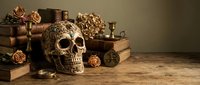 Ornate decorative skull with intricate patterns surrounded by vintage books, dried roses, antique brass items and old wooden objects on rustic table surface.