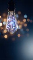 Vintage Edison bulb with glowing purple lightning filament against blurred bokeh background. Suitable for energy, innovation, and technology concepts.