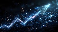 Glowing blue arrow chart line with sparkles and particles rising upward on dark background, representing financial growth and business success.