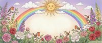 Whimsical garden scene with smiling sun, rainbow arc and colorful flowers creating decorative border frame on purple sky background with fluffy white clouds.