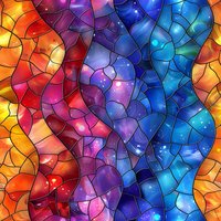 Abstract stained glass mosaic pattern with cosmic galaxy design in vibrant orange, purple and blue colors, seamless repeat for fabric and wallpaper backgrounds.