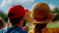 Two people wearing hats enjoying outdoor summer day with blue sky and clouds in background for leisure and vacation concepts.