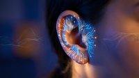 Futuristic digital ear with glowing blue neural network connections and orange highlights on dark background for technology and AI concepts.