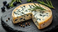 Gourmet blue cheese wheel with cut slice on black slate board, fresh rosemary sprigs and scattered peppercorns create luxurious food composition.
