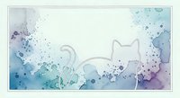 Watercolor splash background with cute cat silhouette in blue and purple tones. Abstract artistic frame design for greeting cards and creative projects.