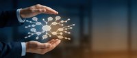 Business professional hands protecting glowing network connections symbolizing data security, digital transformation and corporate technology solutions.