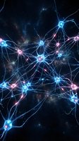 Neural network connections with glowing synapses and dendrites in cosmic space background for neuroscience and brain research concepts.
