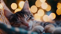 Sleeping tabby cat with bokeh lights in background creates cozy atmosphere. Close up portrait of peaceful feline resting in warm golden evening glow.