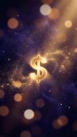 Golden dollar sign glowing in cosmic space with bokeh lights and stardust particles for finance and wealth concepts.