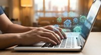 Smart home automation control through laptop with IoT connectivity icons for modern digital lifestyle and remote property management.