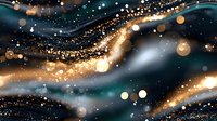 Magical cosmic waves with golden glitter and turquoise swirls on dark background, sparkling bokeh effect creates dreamy celestial atmosphere for luxury design.