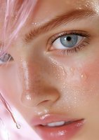 Close-up portrait showing bright blue eye, freckled skin with water droplets, and pink-tinted hair creating fresh, dewy aesthetic for beauty and skincare advertising.