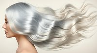 Woman with long, flowing silver and platinum blonde hair in profile against neutral background, showcasing hair care, beauty treatments, and salon services.