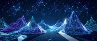Futuristic digital landscape with glowing neon mountains and connected network nodes creating cyberpunk terrain for technology and data visualization concepts.