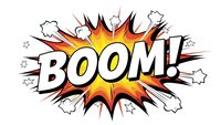 Comic book explosion with BOOM text in bold letters surrounded by colorful burst effects and smoke clouds on white background for graphic design projects.