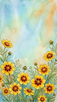 Watercolor yellow wildflowers frame with soft blue orange gradient background for spring summer designs greeting cards invitations botanical art projects.