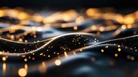 Abstract flowing waves with golden light particles and bokeh effects creating dynamic energy patterns for modern digital backgrounds.