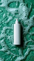 White pump bottle cleanser displayed on emerald water with soap bubbles and foam, showcasing skincare or bath product for cosmetic, wellness, and hygiene marketing.