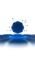 Futuristic octagon shape with connected nodes floating above glowing circular platform against white background, creating modern technological atmosphere.