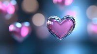 Glossy pink heart floating on dark blue bokeh background with soft focus light effects. Romantic symbol for love, Valentine's Day and anniversary designs.