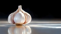 Fresh whole garlic bulb with papery white skin on reflective surface against dark background, dramatic lighting creates mirror effect and highlights natural texture.