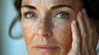 Close up portrait of young woman with natural freckles and blue eyes touching her face gently, looking at camera with soft natural daylight.