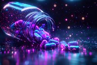 Glowing neon pills spilling from glass jar on reflective surface with magical sparkles and bokeh lights in purple and blue colors against dark background.