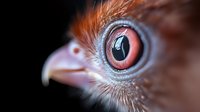 Extreme macro shot of red-eyed bird showing detailed view of eye, beak, and feathers against dark background. Artistic wildlife photography with selective focus.
