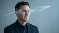 Professional businessman with digital network connections and data streams around head representing artificial intelligence and technology innovation.