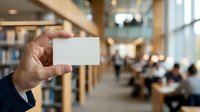 Male professional in business attire holding blank white business card in modern office lobby with blurred background of colleagues and contemporary architecture for corporate branding.
