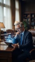 Senior male professional in formal business attire working on tablet with glowing legal documents hologram in modern office environment with leather furniture and bookshelf.