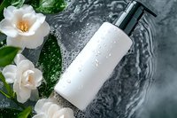 White cosmetic bottle with pump dispenser surrounded by water droplets and fresh white flowers on wet dark surface for skincare beauty routine.