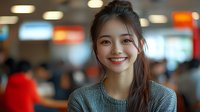 Young Asian woman with bright genuine smile wearing casual grey sweater in cafe setting with soft bokeh background. Natural lifestyle portrait captures joy and authenticity.