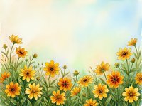 Watercolor yellow wildflowers border with green stems and leaves on soft pastel background for spring greeting cards and botanical designs.