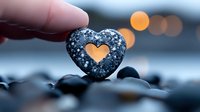 Heart-shaped stone with carved heart symbol held between fingers against blurred bokeh lights and dark pebbles, romantic nature composition.