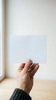Male hand holding blank white card for business, marketing, or promotional messaging in bright interior setting.