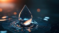 Transparent water drop with digital grid pattern creating ripples on dark surface with glowing bokeh lights in background.