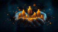 Glowing golden silhouette of person emerging from cupped hands against dark background with magical light particles and bokeh effects creating mystical atmosphere.