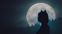 Silhouette of a young woman with cat ears against a glowing full moon and dark forest at night, mystical Halloween mood.