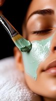 Closeup of Asian woman receiving green clay facial mask application with cosmetic brush during spa treatment. Skincare and beauty concept.