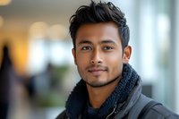 Young Asian man with stylish haircut and scarf smiling confidently in modern urban setting for lifestyle and fashion concepts.