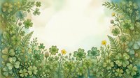 Watercolor green clover and fern border frame with soft pastel background, copy space for St. Patricks Day greeting cards and spring designs.