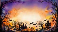 Watercolor Halloween border with pumpkins, bats, haunted house, and bare trees on a spooky purple and orange sky background with copy space.