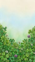 Watercolor clover field with white and purple flowers on soft gradient background, copy space for text, St. Patricks Day greeting card.