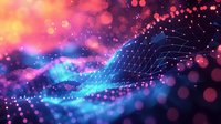 Abstract digital wave with glowing particles and connected dots on vibrant pink, purple and blue background with bokeh effect creates futuristic technology concept.