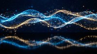 Abstract digital wave pattern with glowing blue and gold particles flowing in smooth curves against dark background for technology and data visualization.